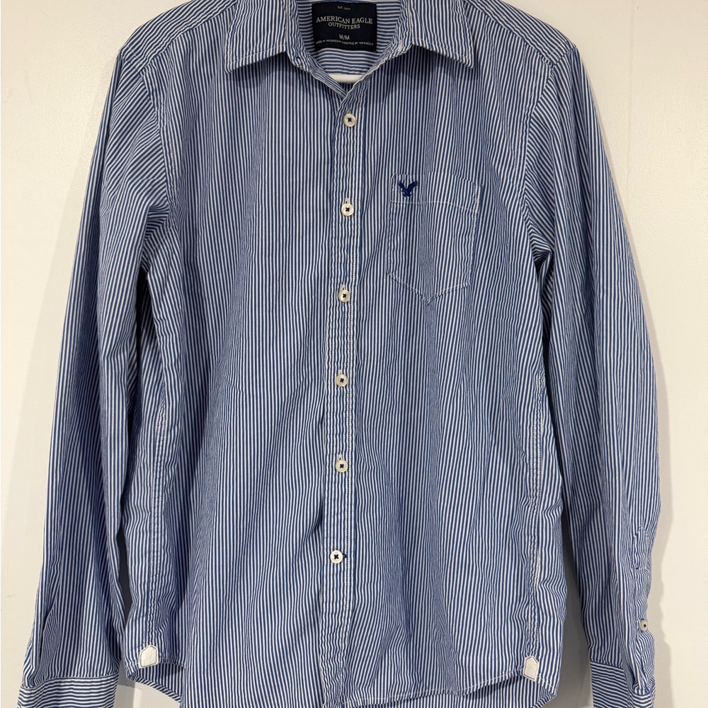 American Eagle Outfitters Blue & White Thin Stripe Button-Up Shirt